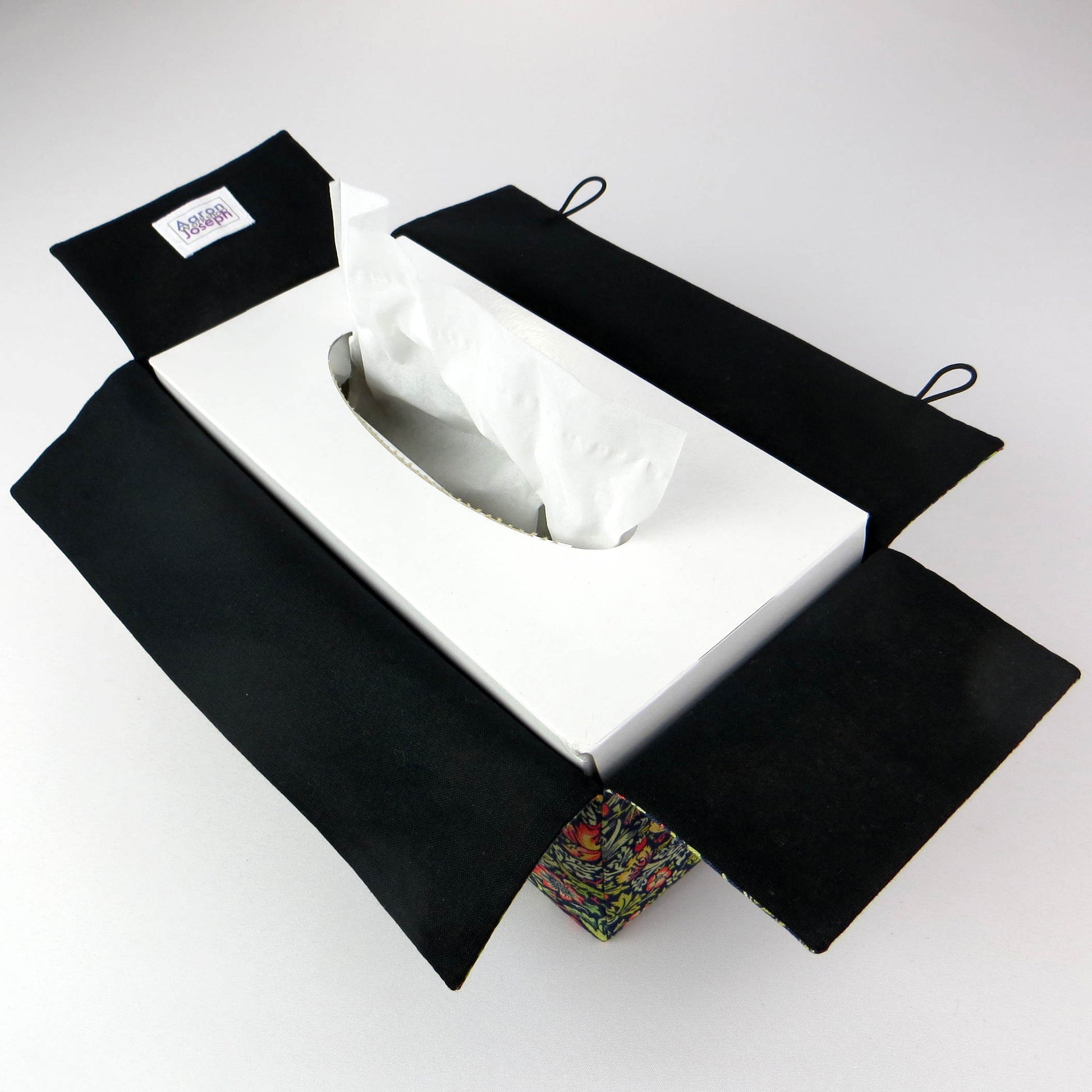 Rectangle tissue box cover with birds and berries design on dark blue background