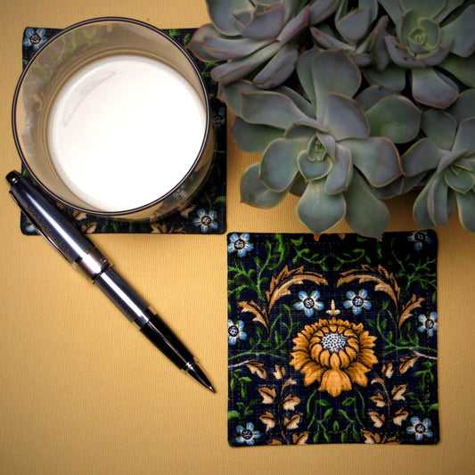 Square Fabric Coaster Set of 2 - Blue Flowering Vines