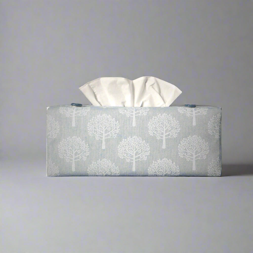 Printed cotton rectangle tissue box cover with white mulberry tree design on light blue background