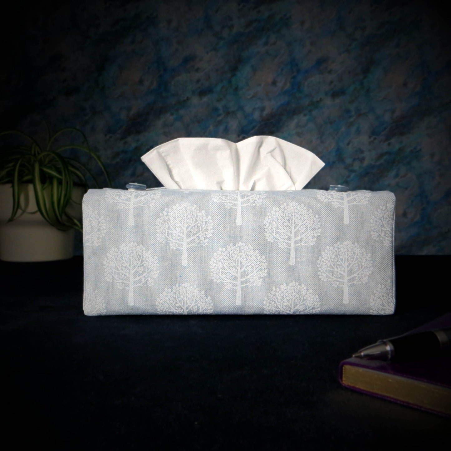 Rectangular Fabric Tissue Box Cover - Mulberry Trees on Blue