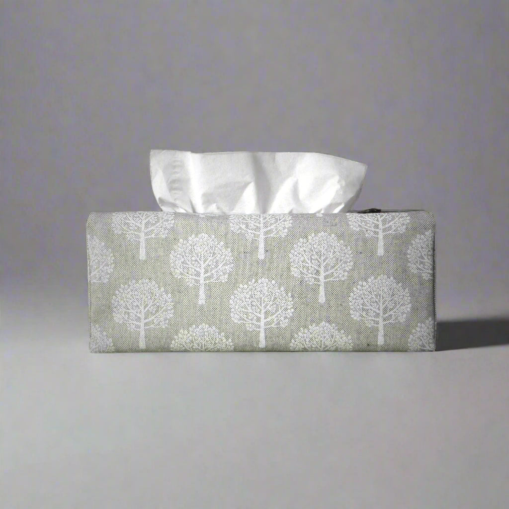 Printed cotton rectangle tissue box cover with white mulberry tree design on taupe background