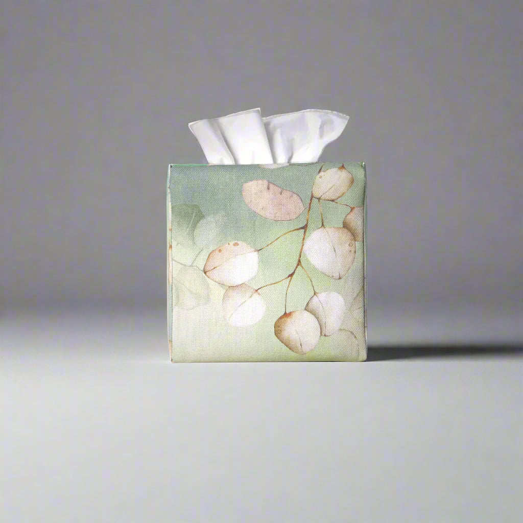 Printed cotton square tissue box with lunaria leaf design on green background