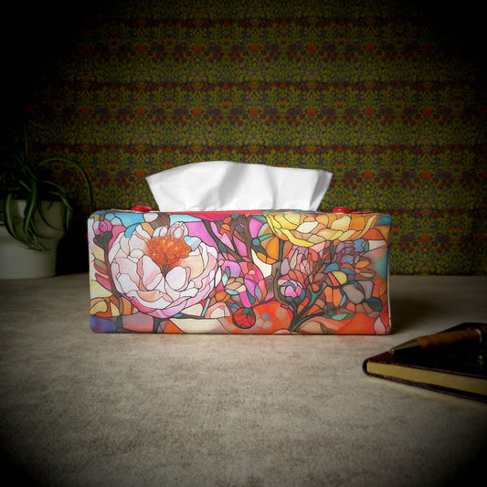 Rectangular Fabric Tissue Box Cover - Red Stained Glass Garden