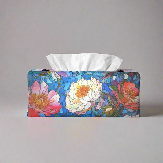 Rectangular tissue box cover with floral garden stained glass design on blue toned background