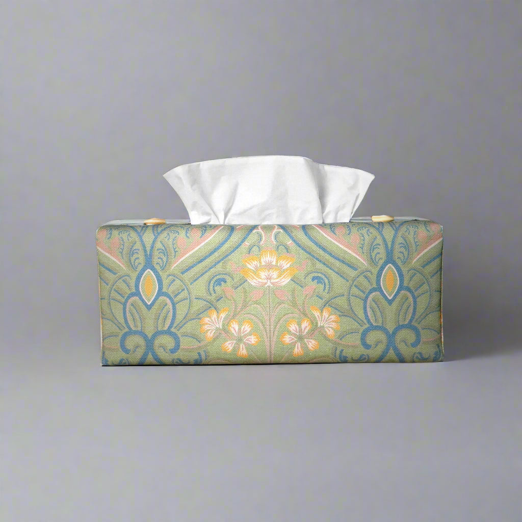 Rectangular tissue box cover with yellow flowers and blue Victorian embellishment on sage green background