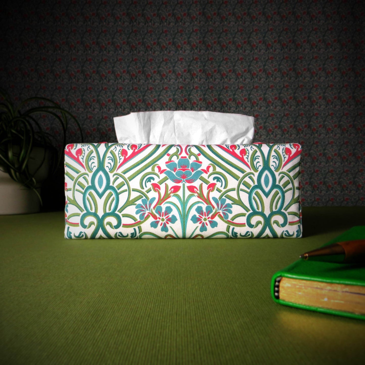 Rectangular Fabric Tissue Box Cover - Teal Victorian Design