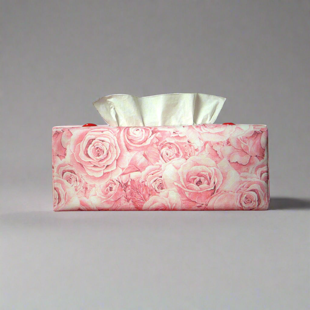 Cotton rectangle tissue box cover with pink roses with white accent