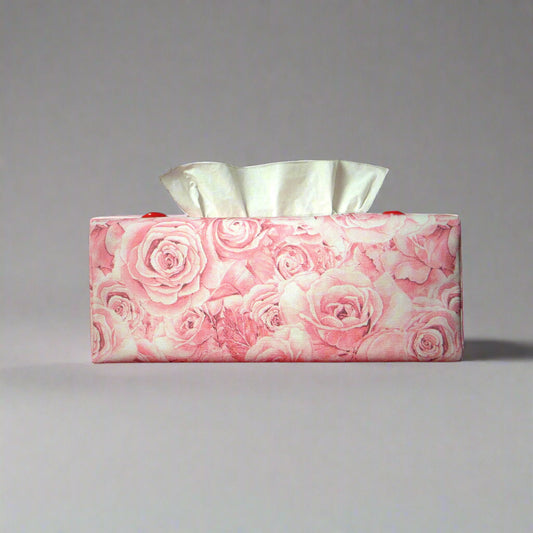 Cotton rectangle tissue box cover with pink roses with white accent