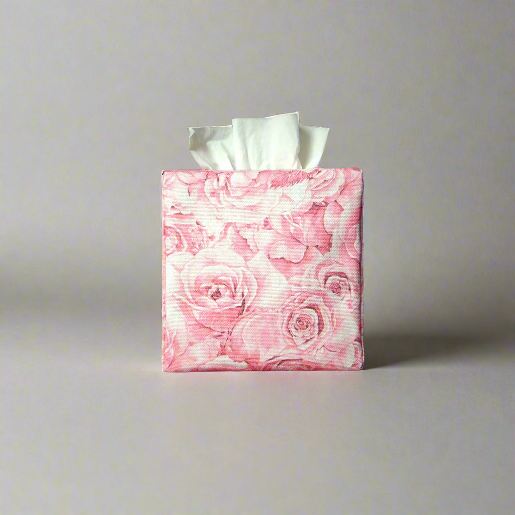 Cotton square tissue box cover with pink roses and white accent