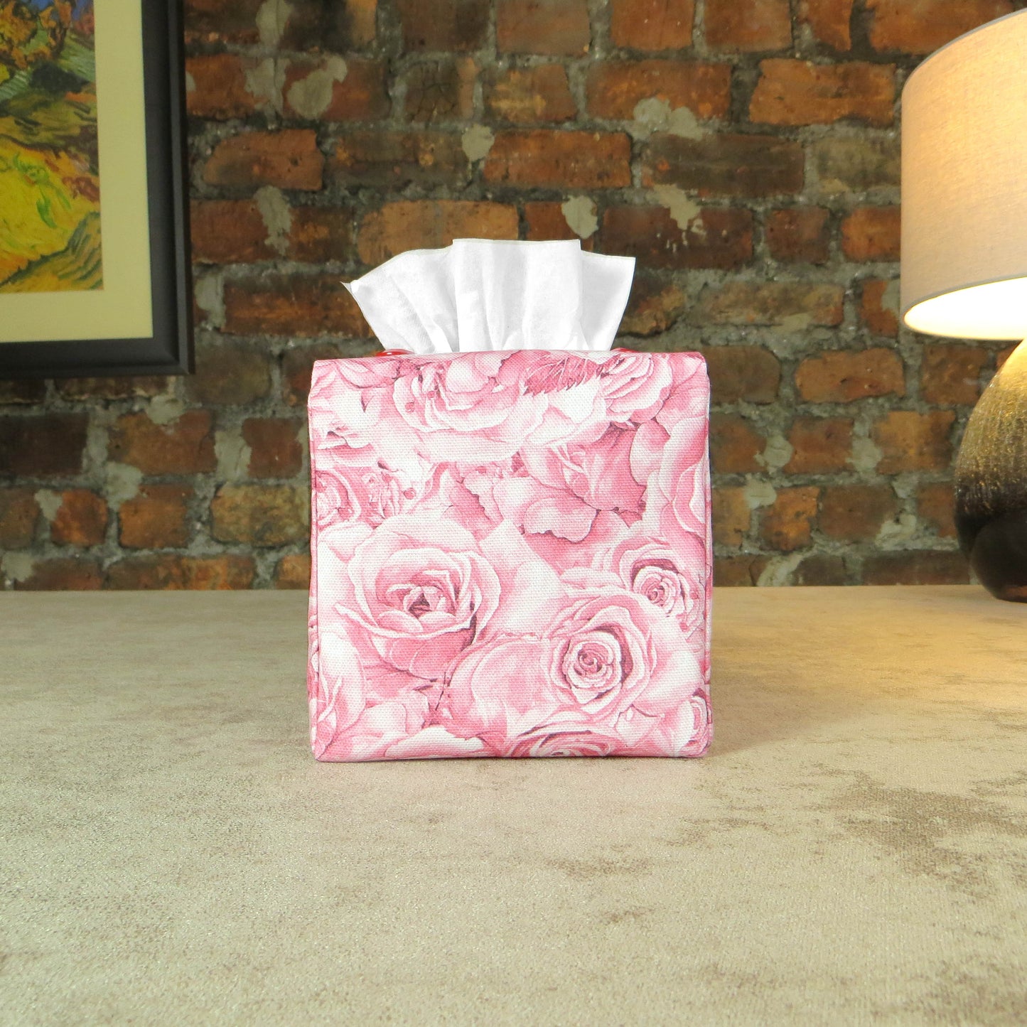Cotton square tissue box cover with pink roses and white accent