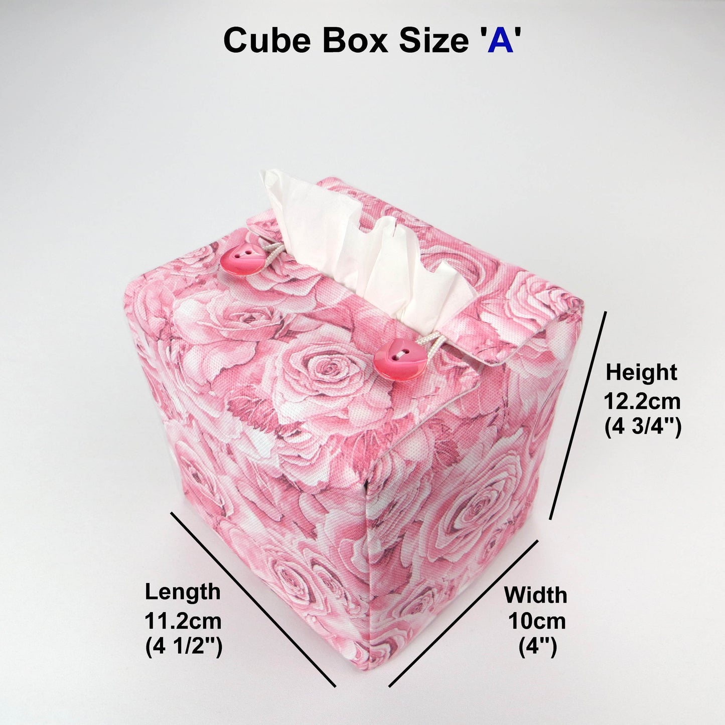 Cotton square tissue box cover with pink roses and white accent