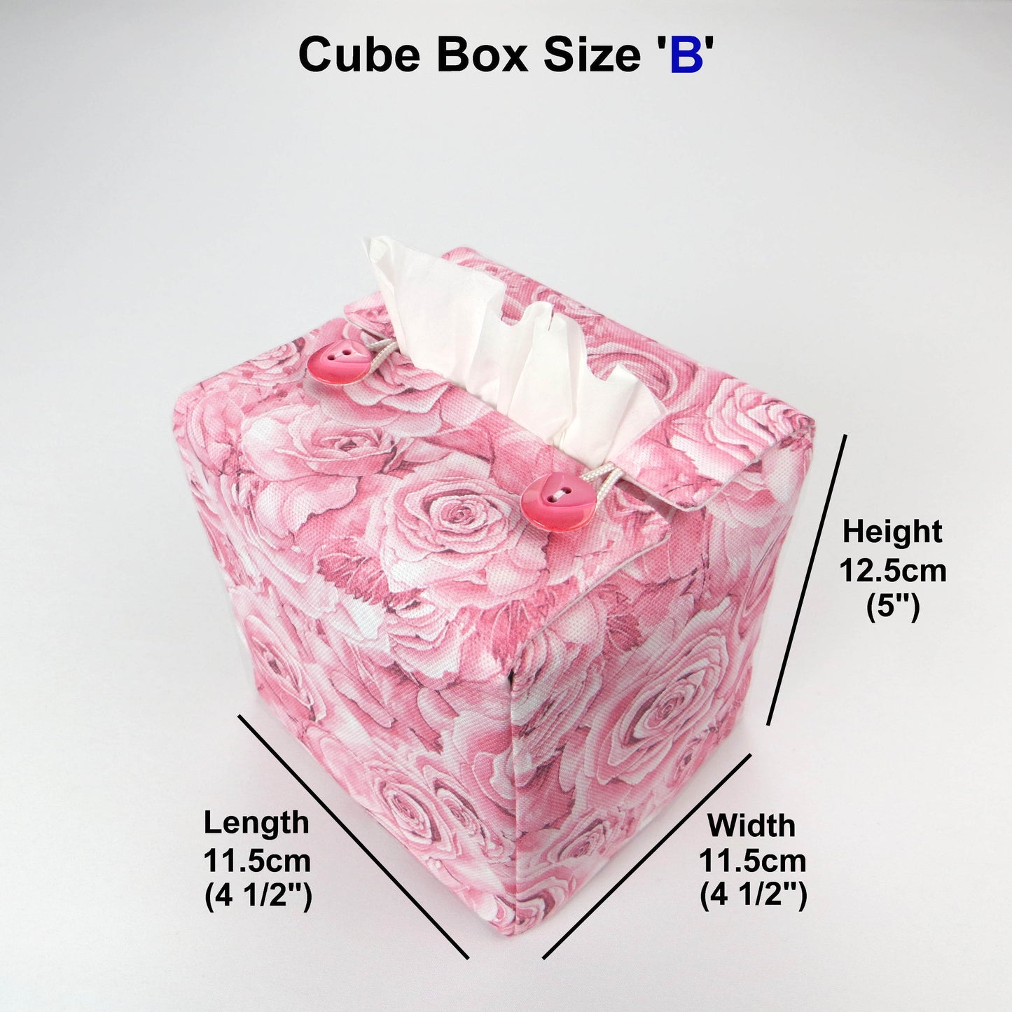 Cotton square tissue box cover with pink roses and white accent