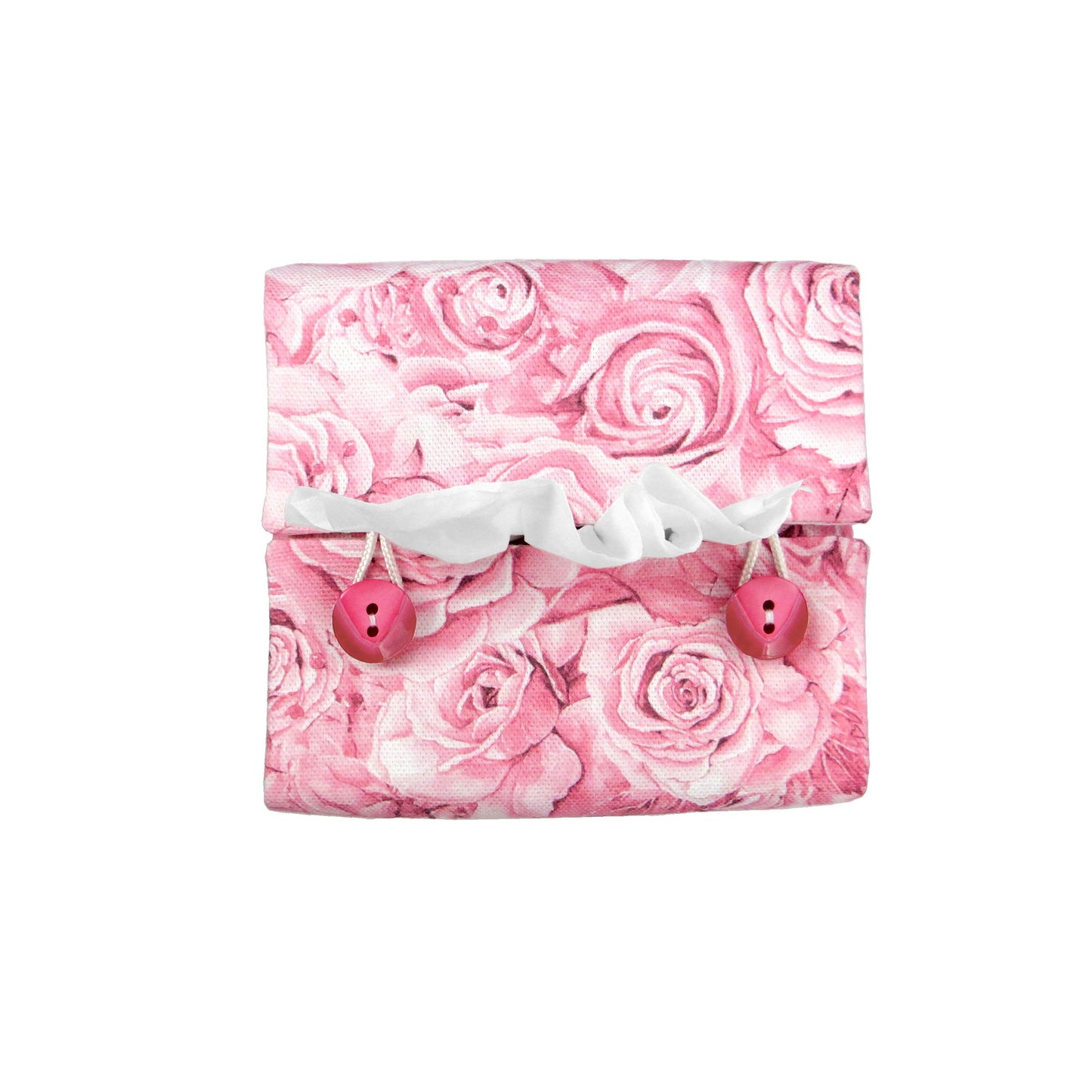 Cotton square tissue box cover with pink roses and white accent