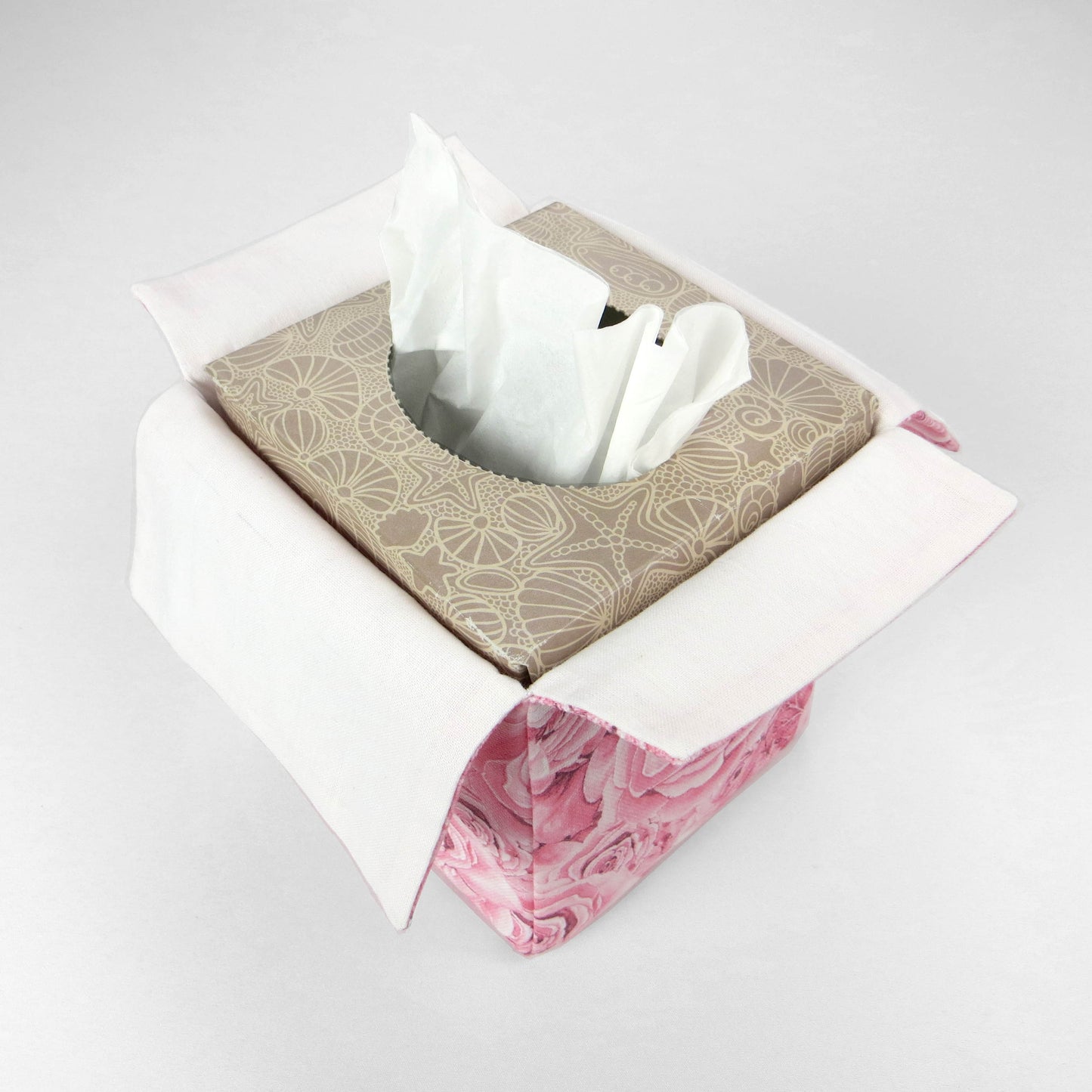 Cotton square tissue box cover with pink roses and white accent