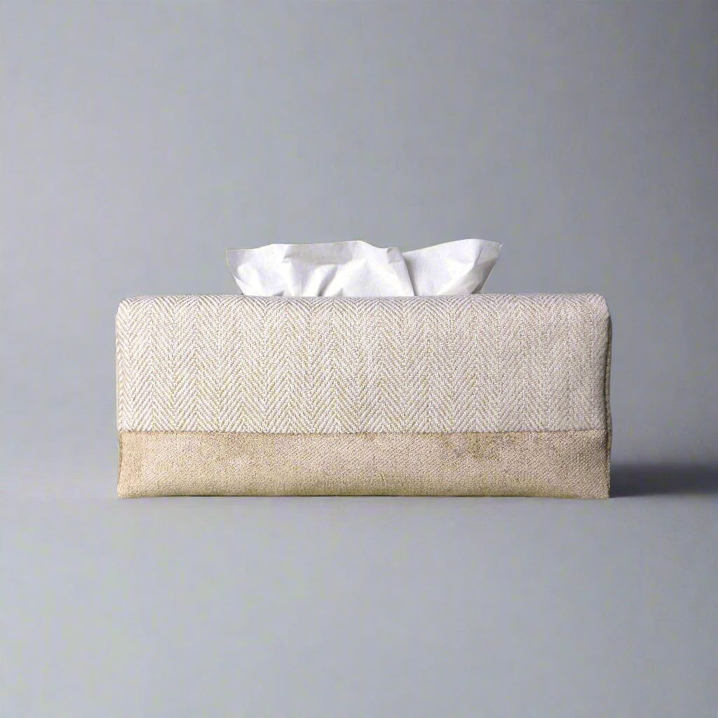 Rectangle tissue box cover with beige herringbone and velvet fabric