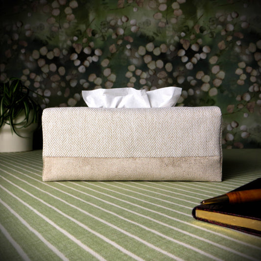 Rectangular Fabric Tissue Box Cover - Beige Herringbone Two Tone