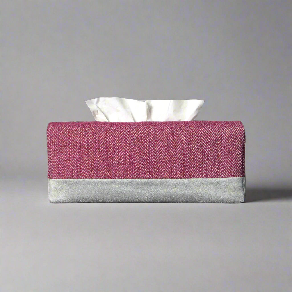 Rectangle tissue box cover with mauve and grey herringbone, and light grey velvet fabric