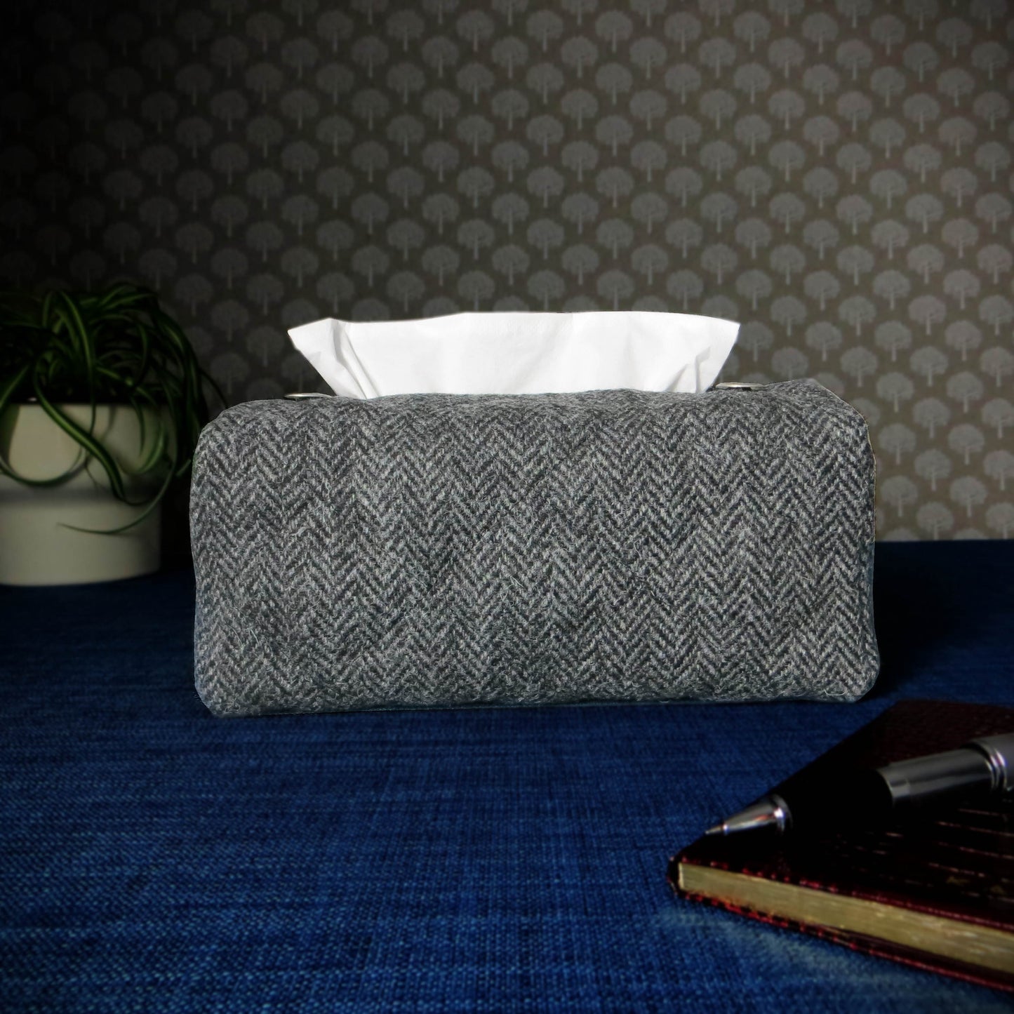 Quilted wool rectangle tissue box cover with grey herringbone pattern