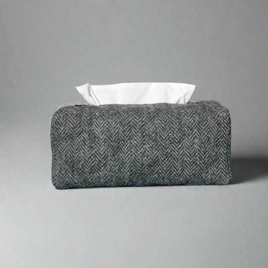 Quilted wool rectangle tissue box cover with grey herringbone pattern