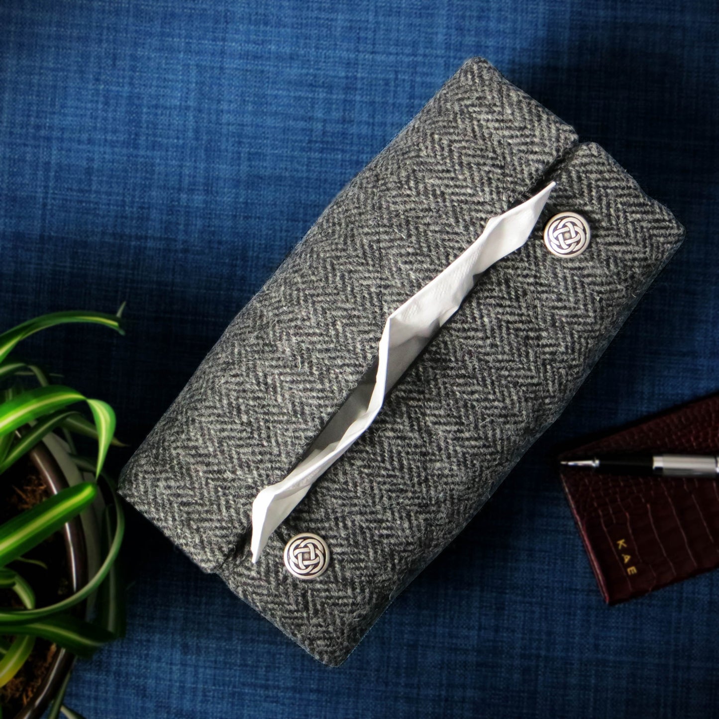Quilted wool rectangle tissue box cover with grey herringbone pattern