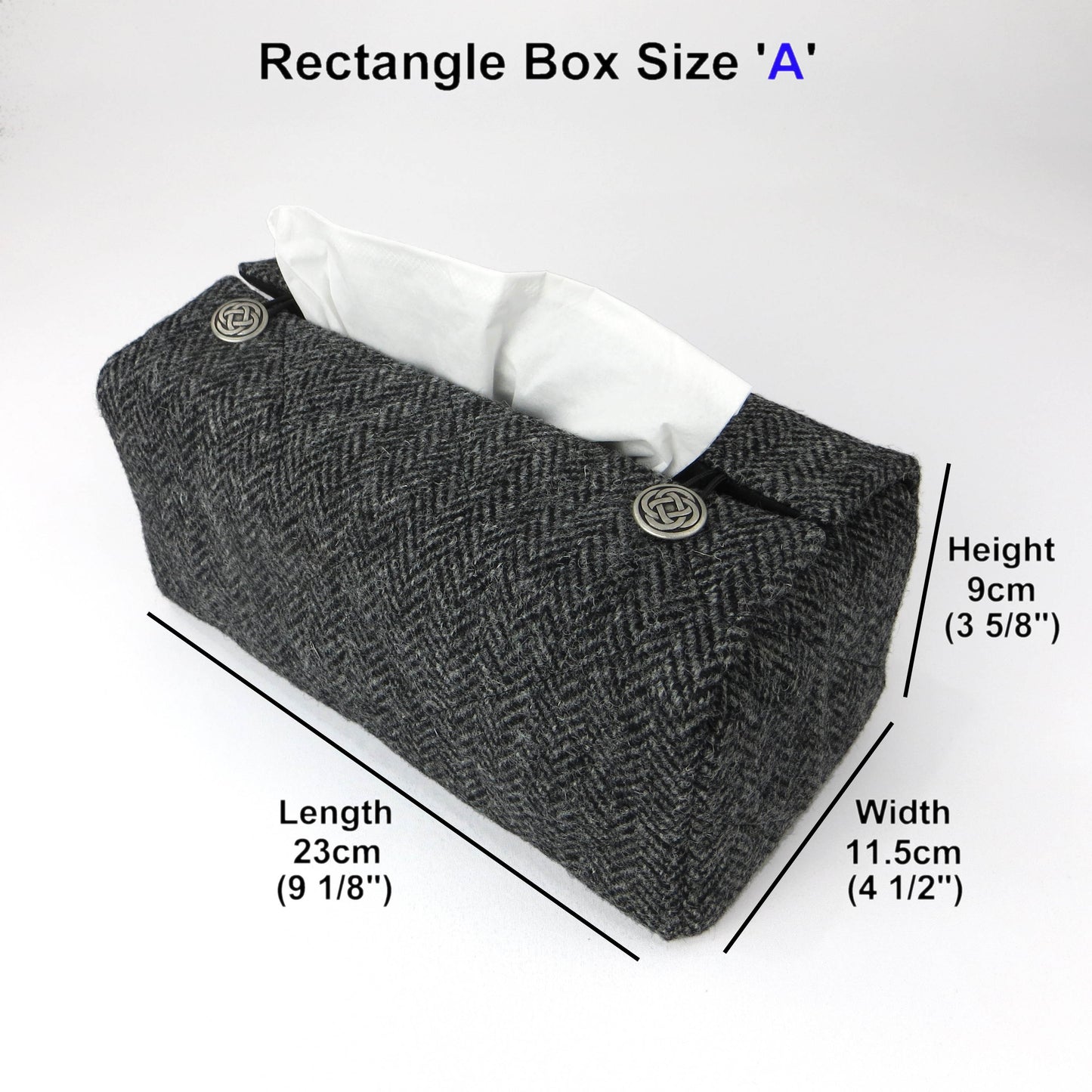 Quilted wool rectangle tissue box cover with grey herringbone pattern