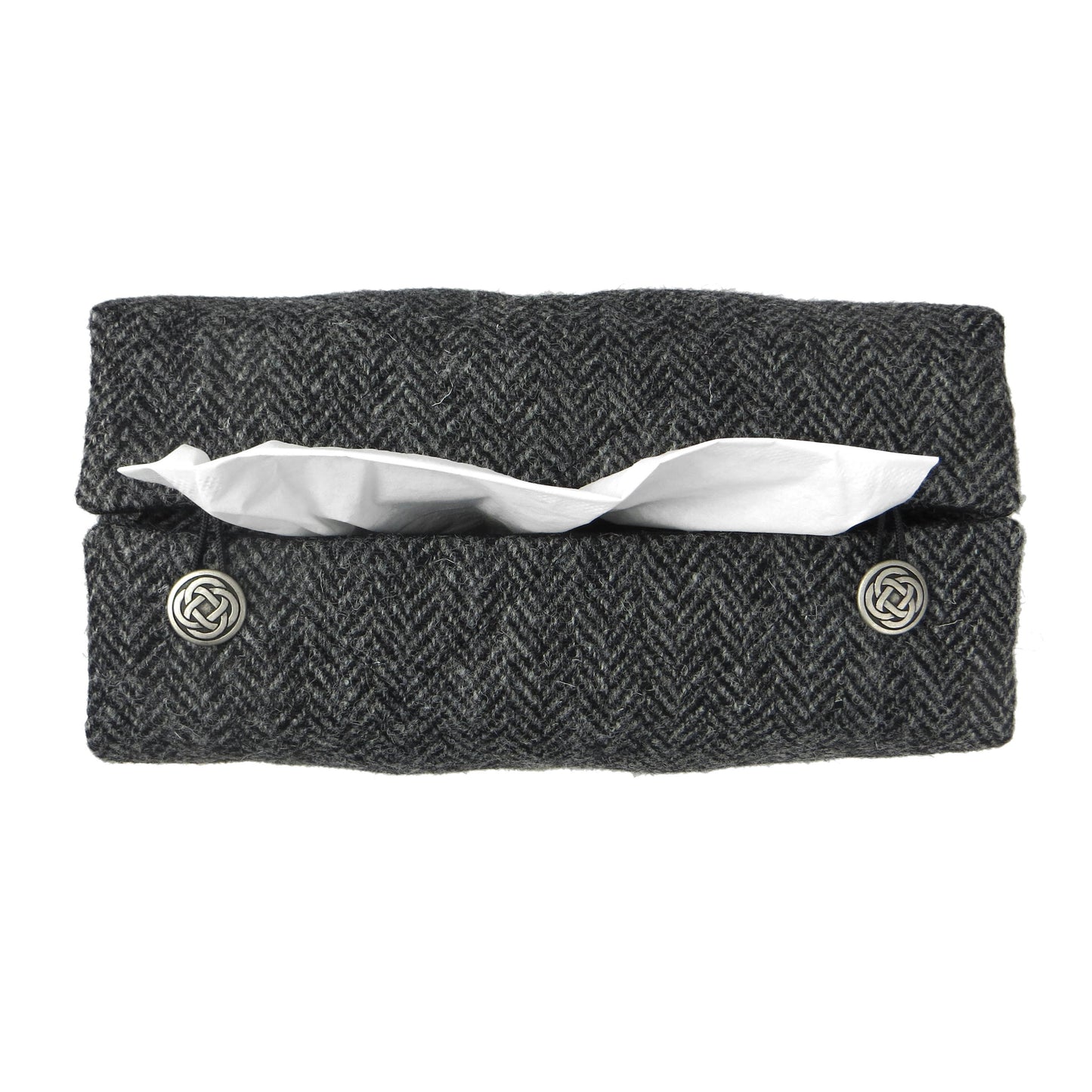Quilted wool rectangle tissue box cover with grey herringbone pattern