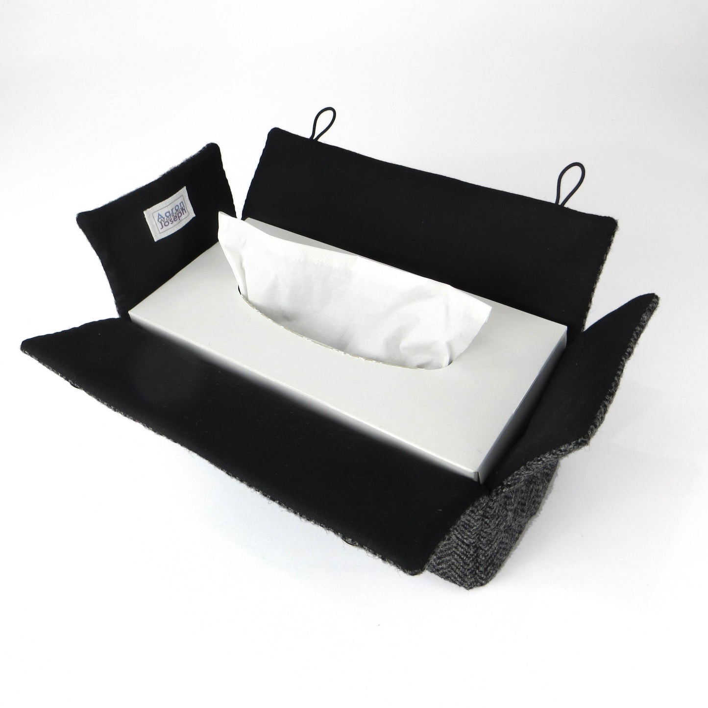 Quilted wool rectangle tissue box cover with grey herringbone pattern