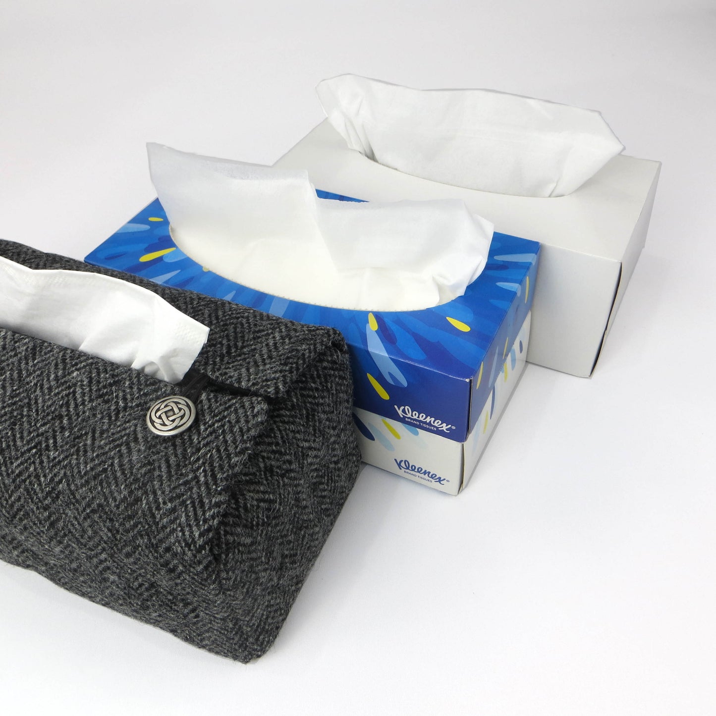 Quilted wool rectangle tissue box cover with grey herringbone pattern