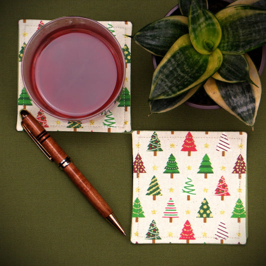 Square Fabric Coaster Set of 2 - Decorated Trees Christmas Design
