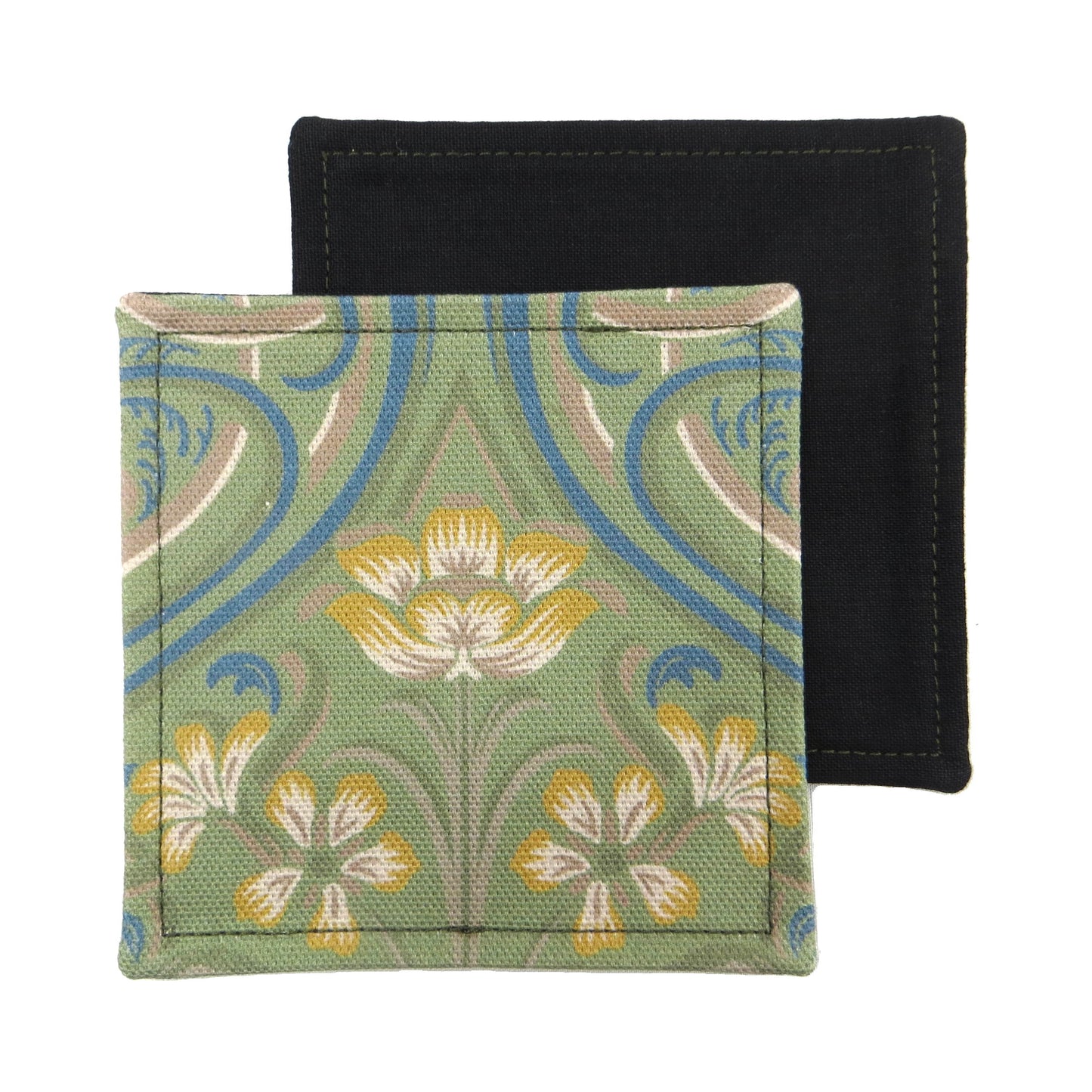 Set of two handmade square coasters with a Victorian design of yellow flowers with blue embellishments on a sage green background