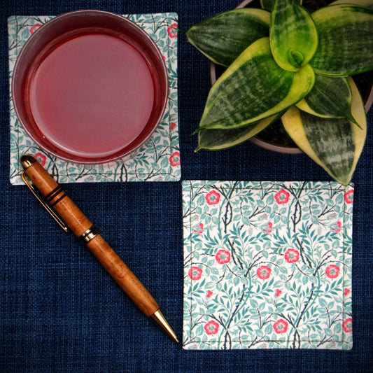 Square Fabric Coaster Set of 2 - Red Flower Vines