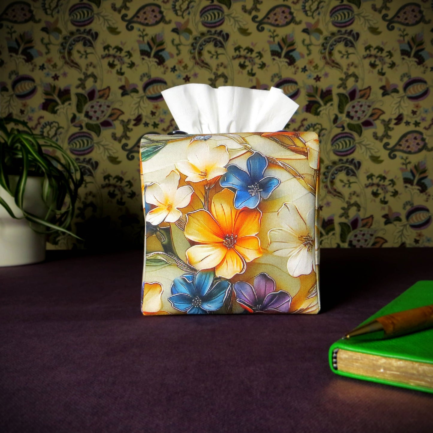 Square tissue box cover with a multi-colour floral design fabric