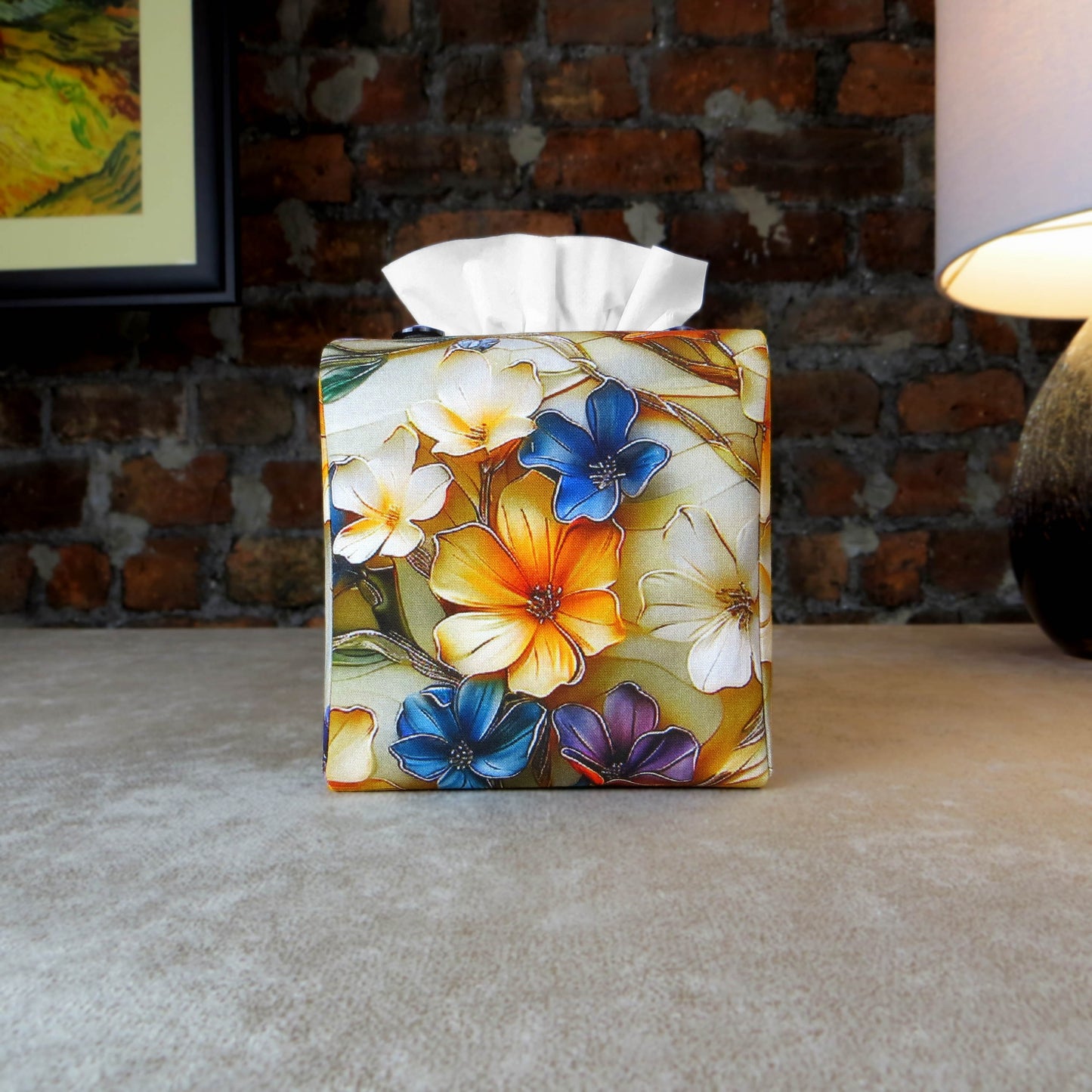 Square tissue box cover with a multi-colour floral design fabric