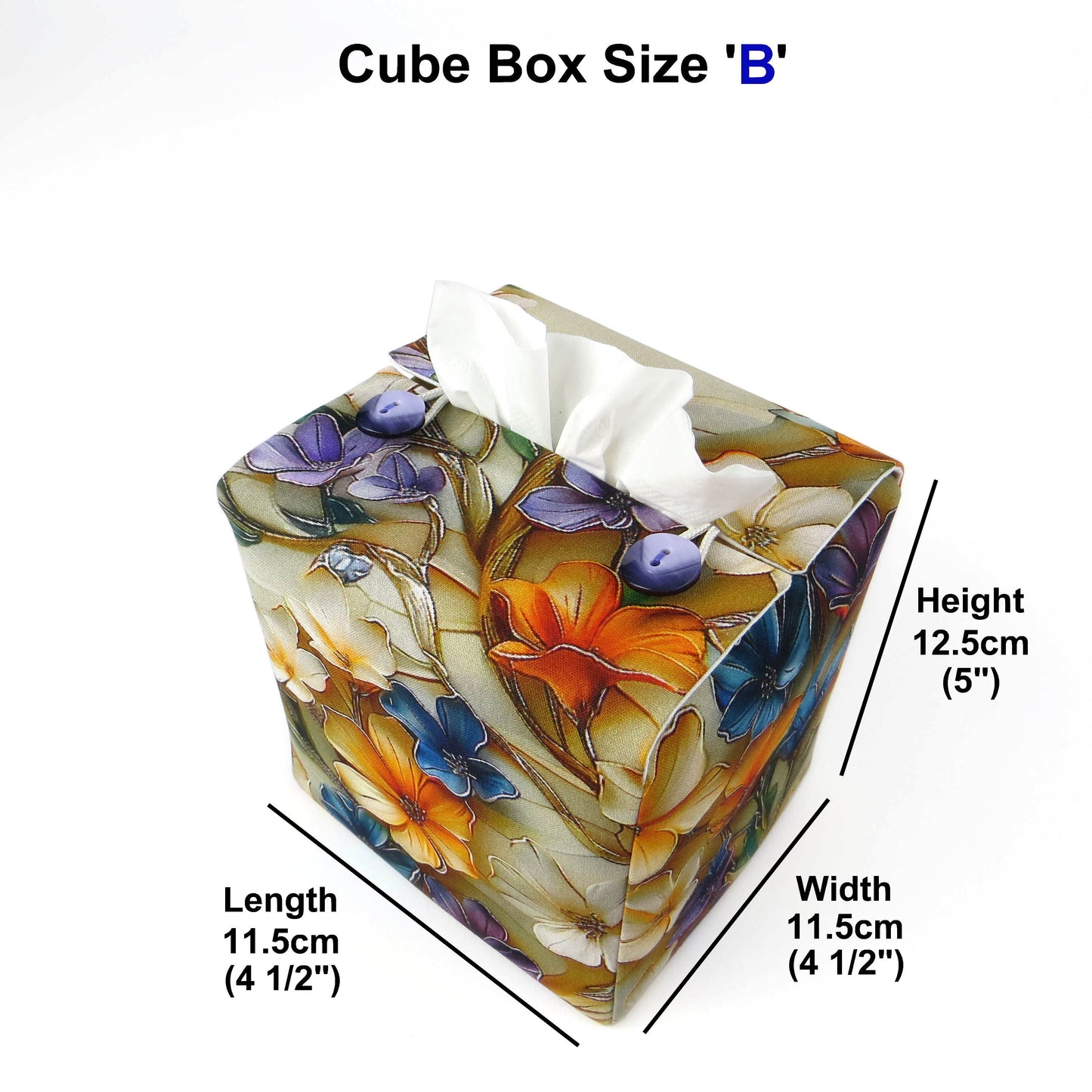 Square tissue box cover with a multi-colour floral design fabric