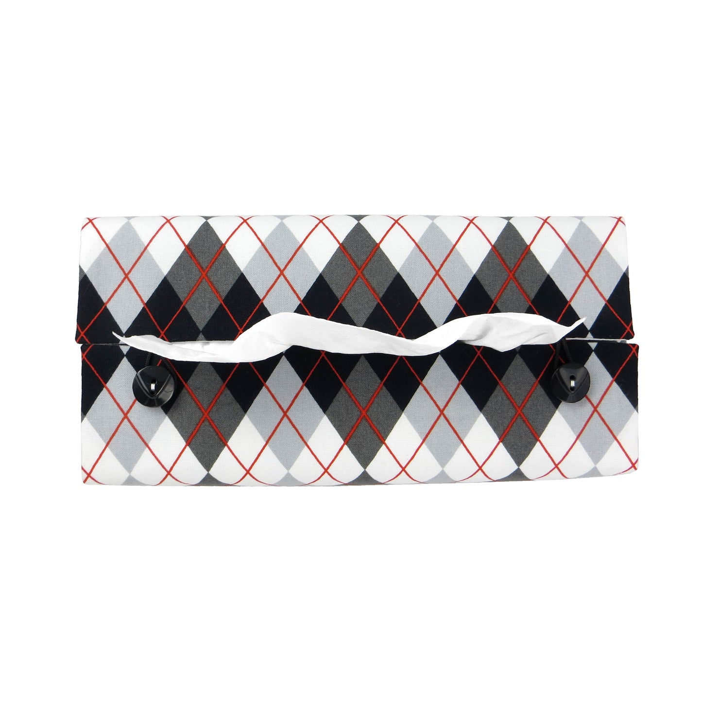 Rectangular tissue box cover with black, grey, and red argyle pattern