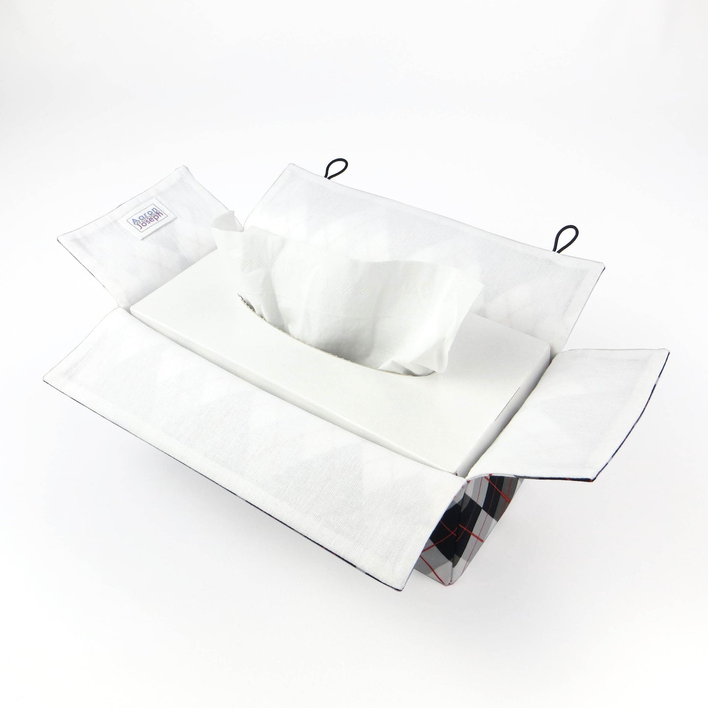 Rectangular tissue box cover with black, grey, and red argyle pattern