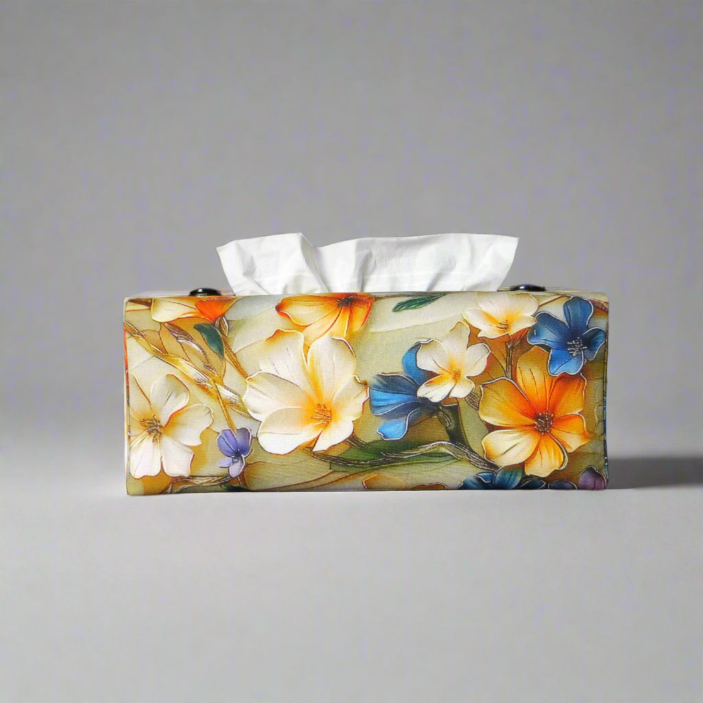 Rectangular tissue box cover with a multi-colour floral pattern