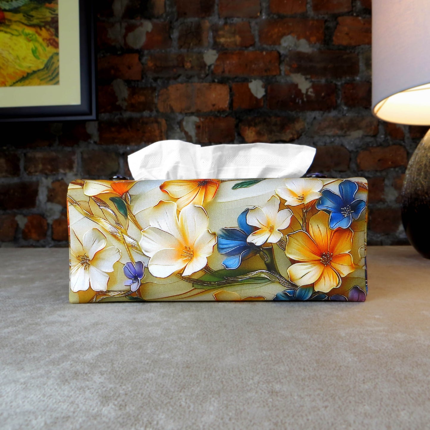 Rectangular tissue box cover with a multi-colour floral pattern