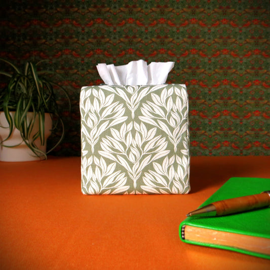 Cube Fabric Tissue Box Cover - Leaf Motif on Sage Green Linen