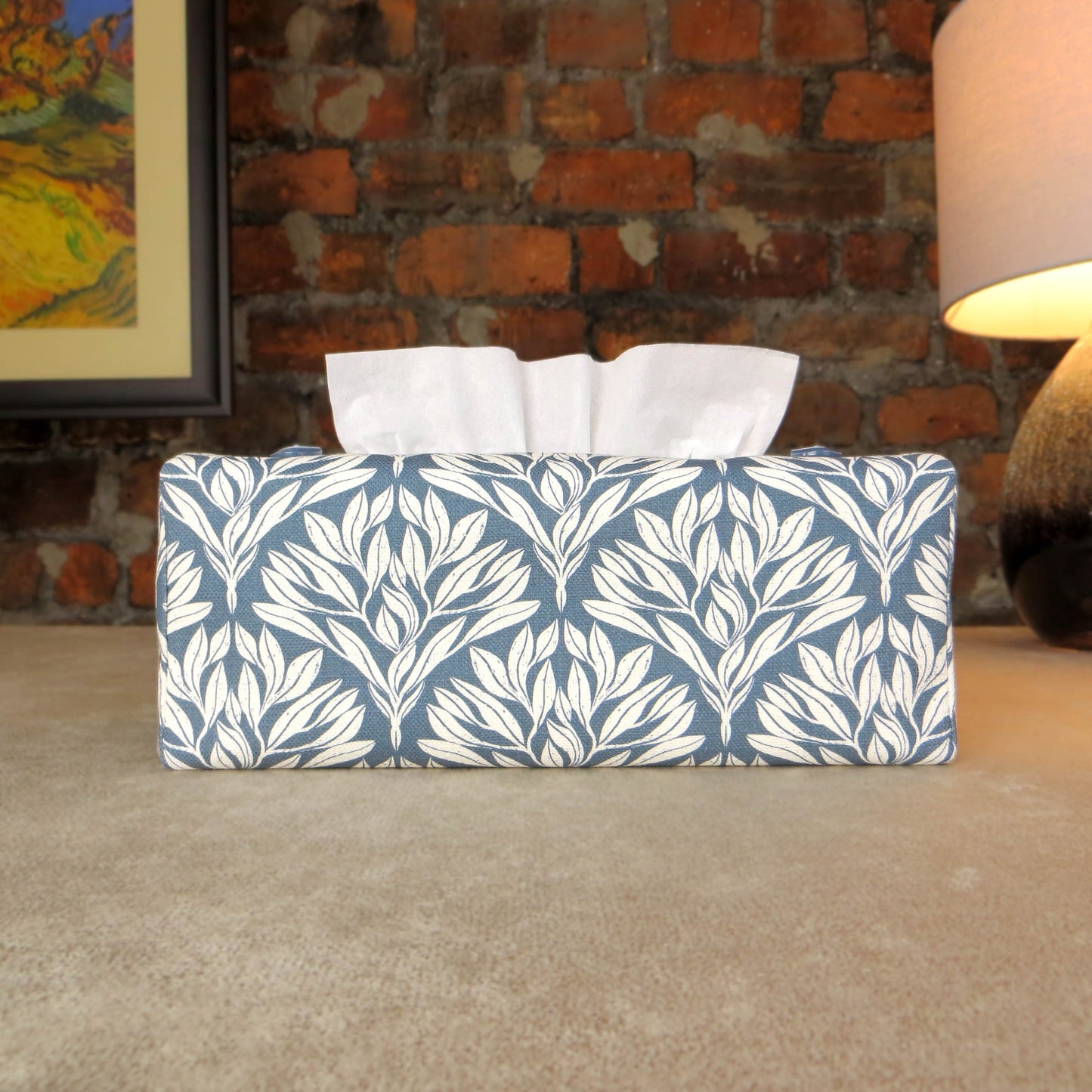 Linen rectangular tissue box cover with an off-white leaf pattern on a blue background