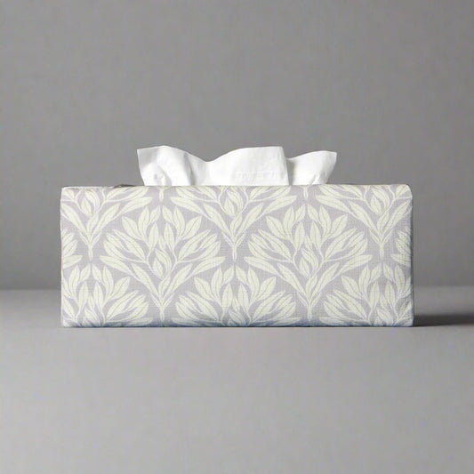 Linen rectangular tissue box cover with an off-white leaf pattern on a grey background