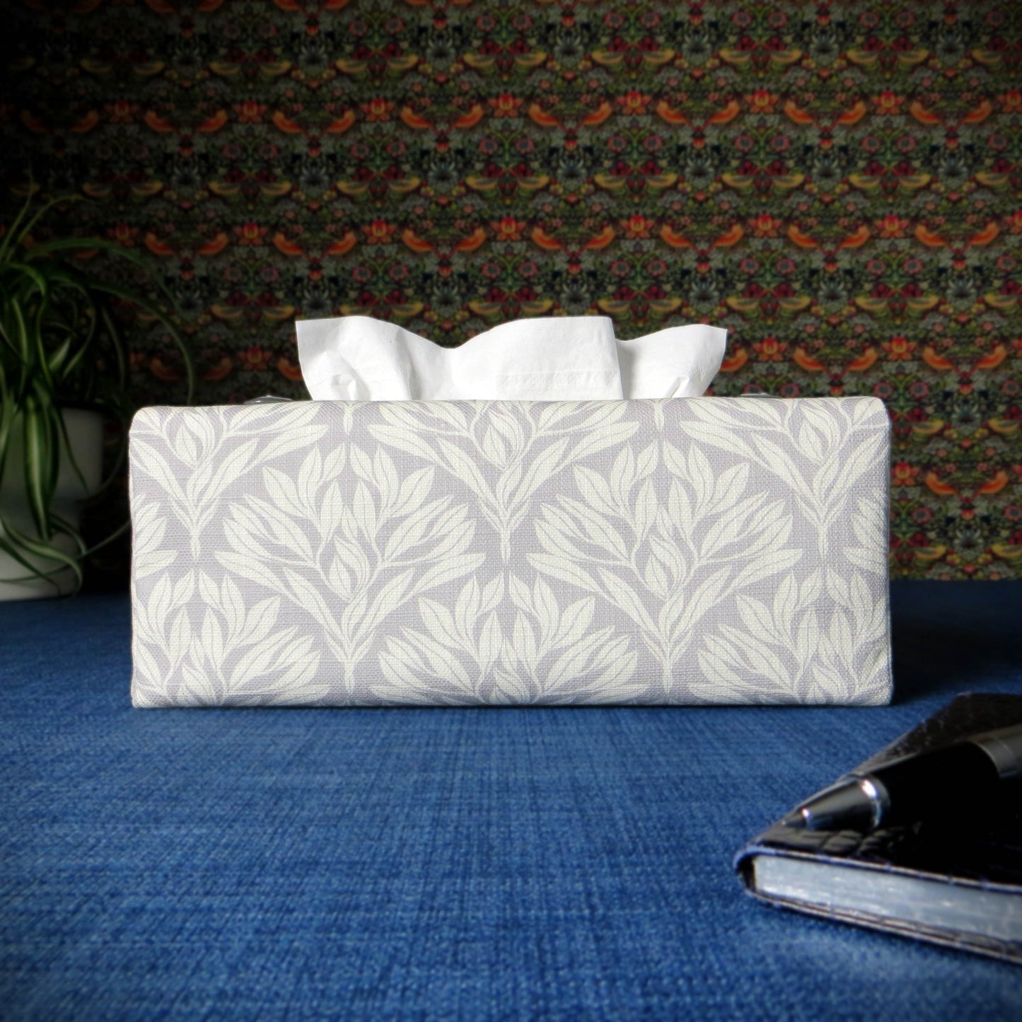 Rectangular Fabric Tissue Box Cover - Leaf Motif on Grey Linen