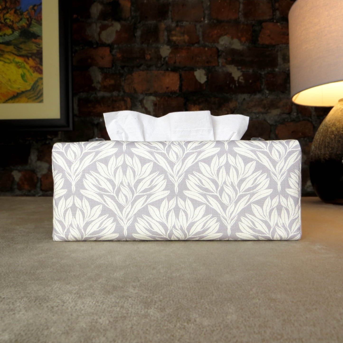 Linen rectangular tissue box cover with an off-white leaf pattern on a grey background