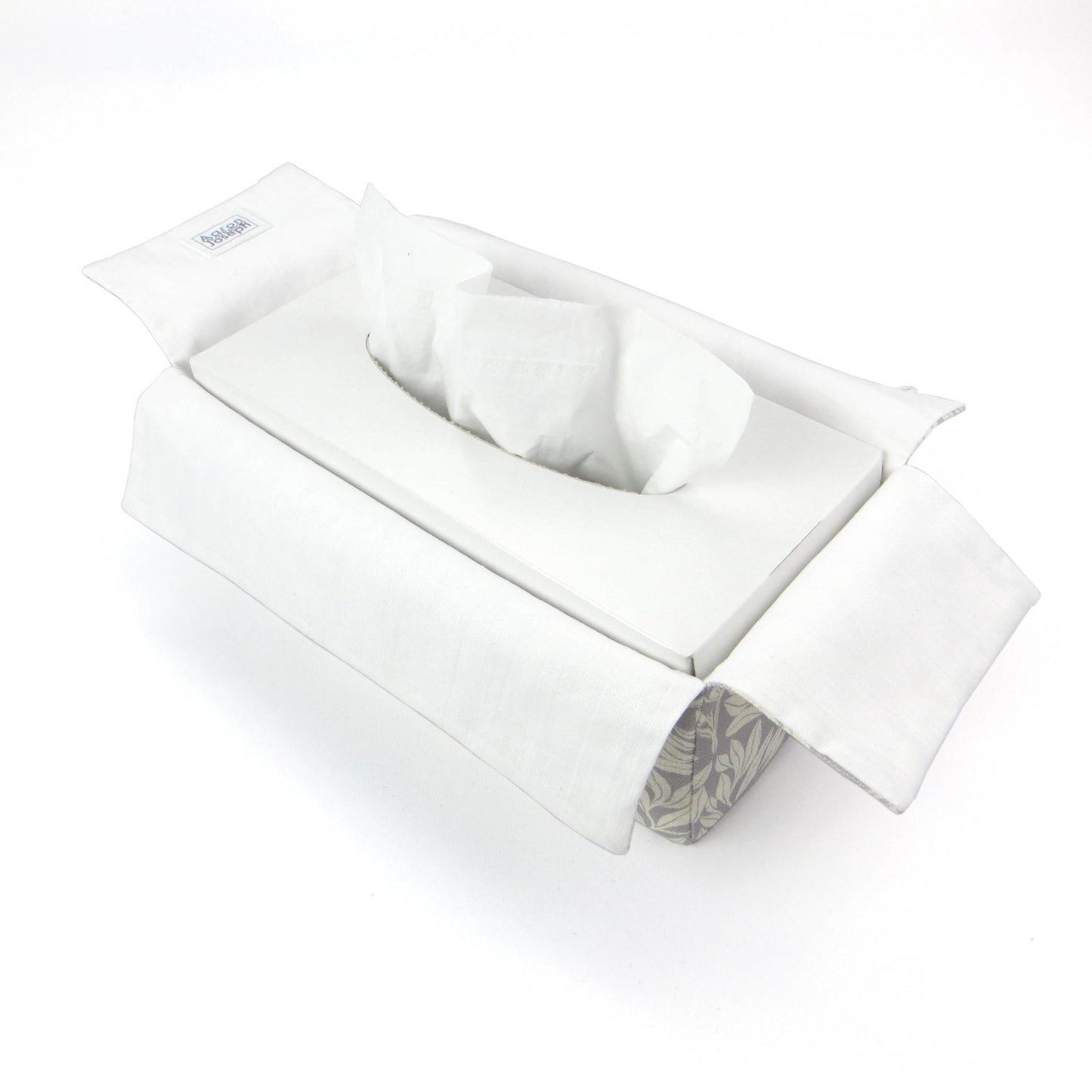 Linen rectangular tissue box cover with an off-white leaf pattern on a grey background