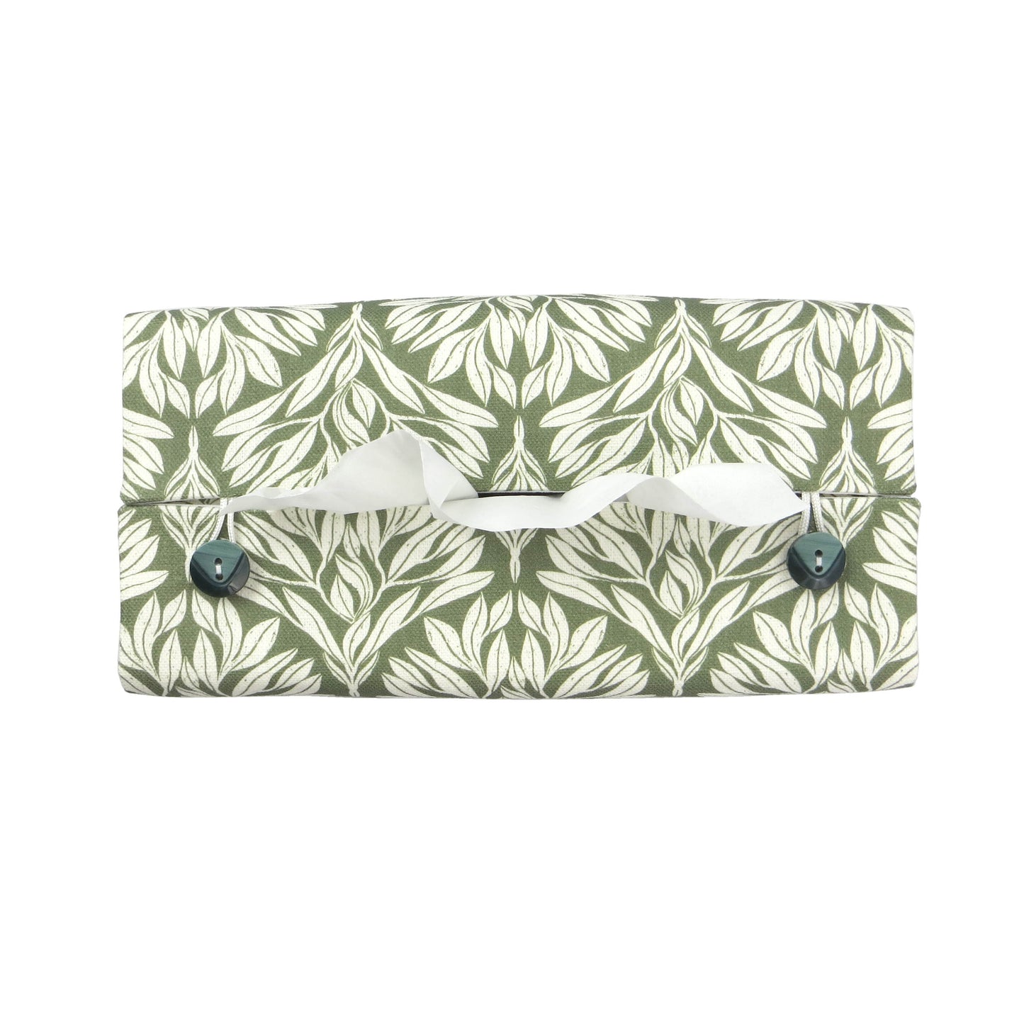 Linen rectangular tissue box cover with an off-white leaf pattern on a sage green background