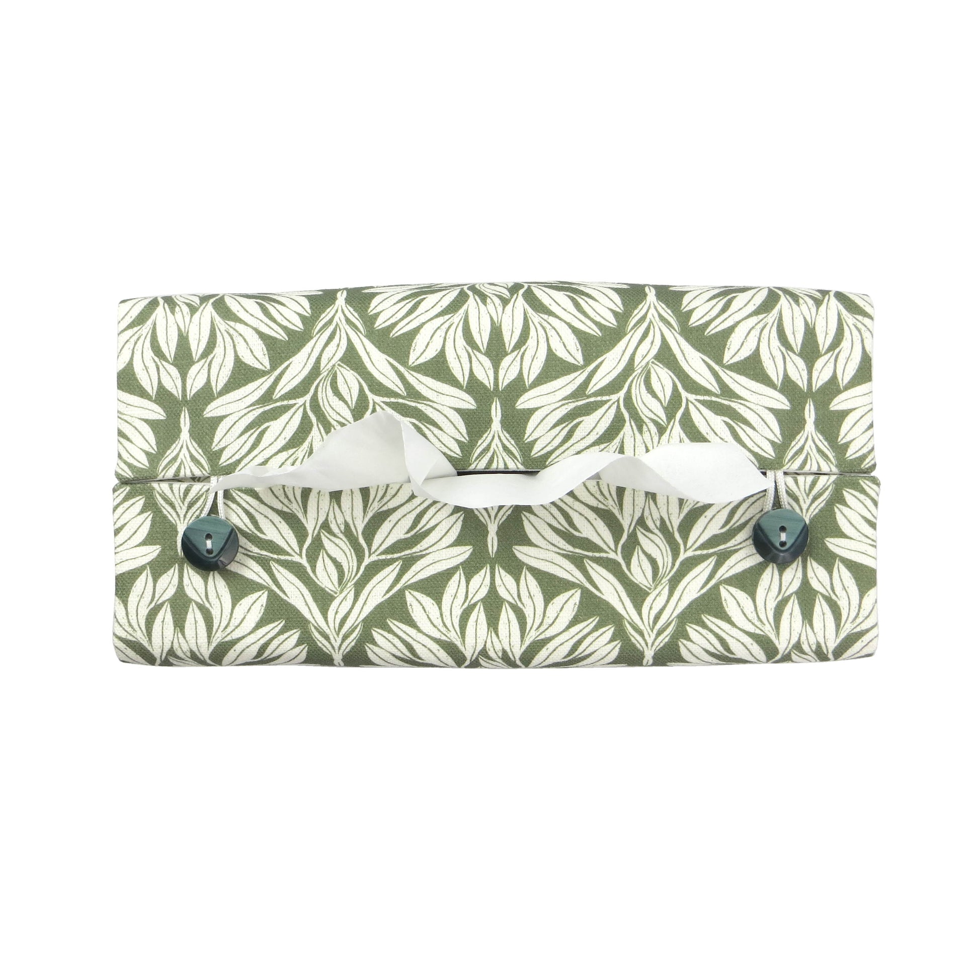 Linen rectangular tissue box cover with an off-white leaf pattern on a sage green background