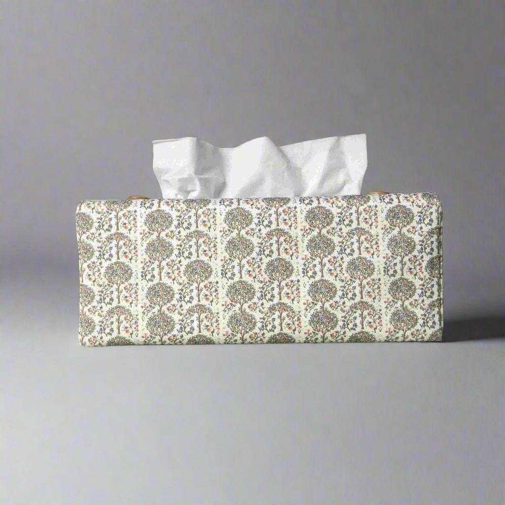 Linen rectangle tissue box cover with  a mini orchard grove pattern