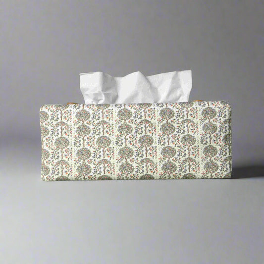 Linen rectangle tissue box cover with  a mini orchard grove pattern