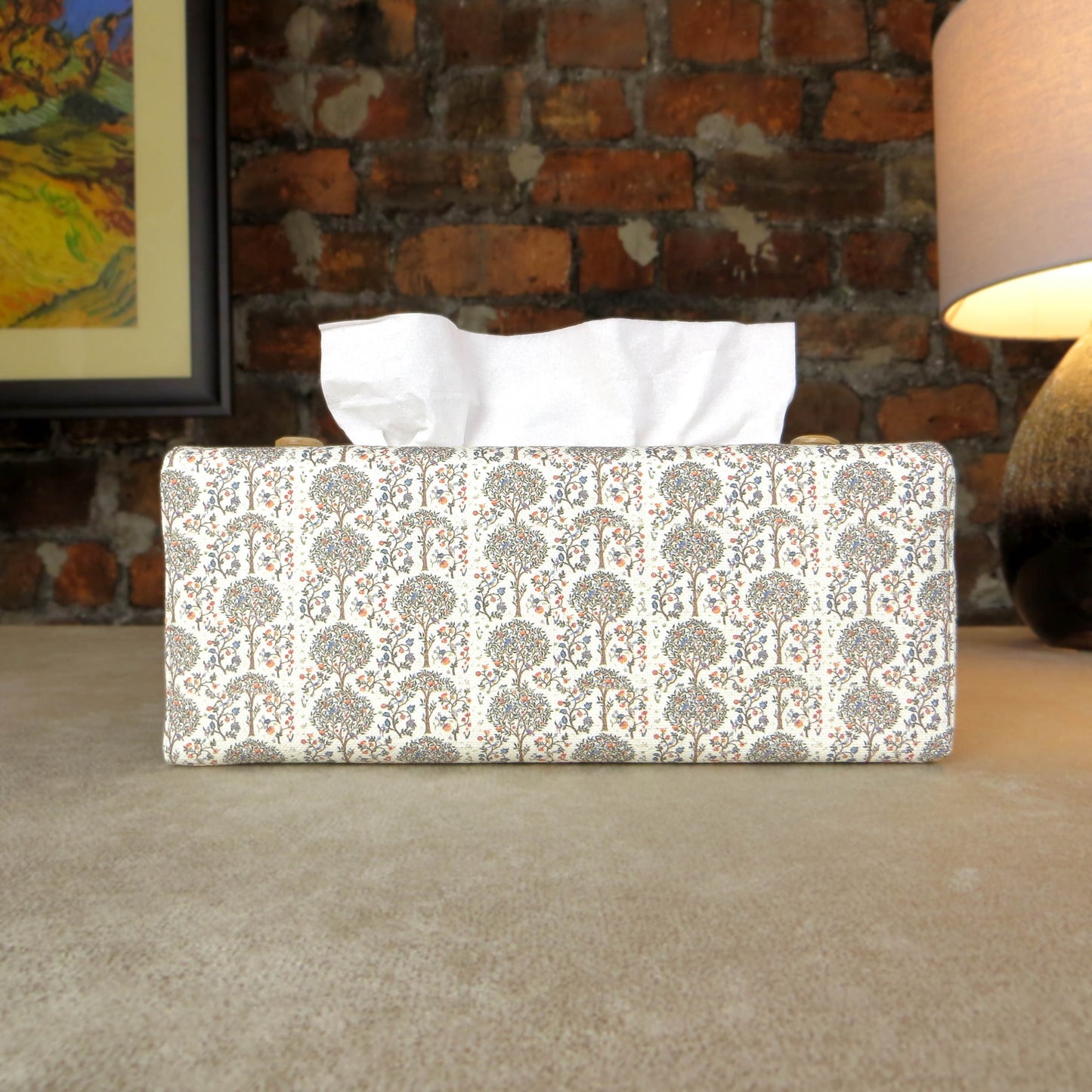 Linen rectangle tissue box cover with  a mini orchard grove pattern