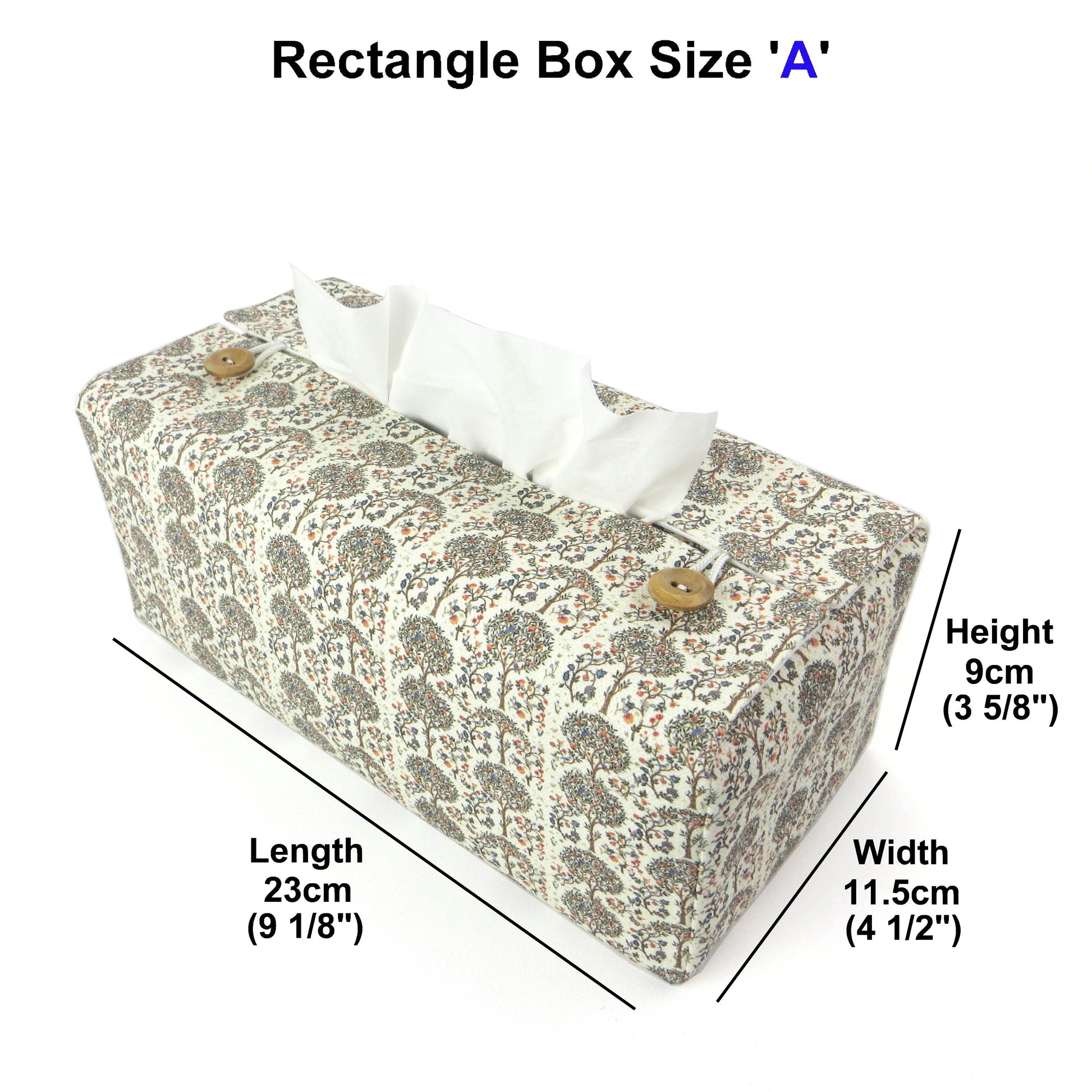 Linen rectangle tissue box cover with  a mini orchard grove pattern